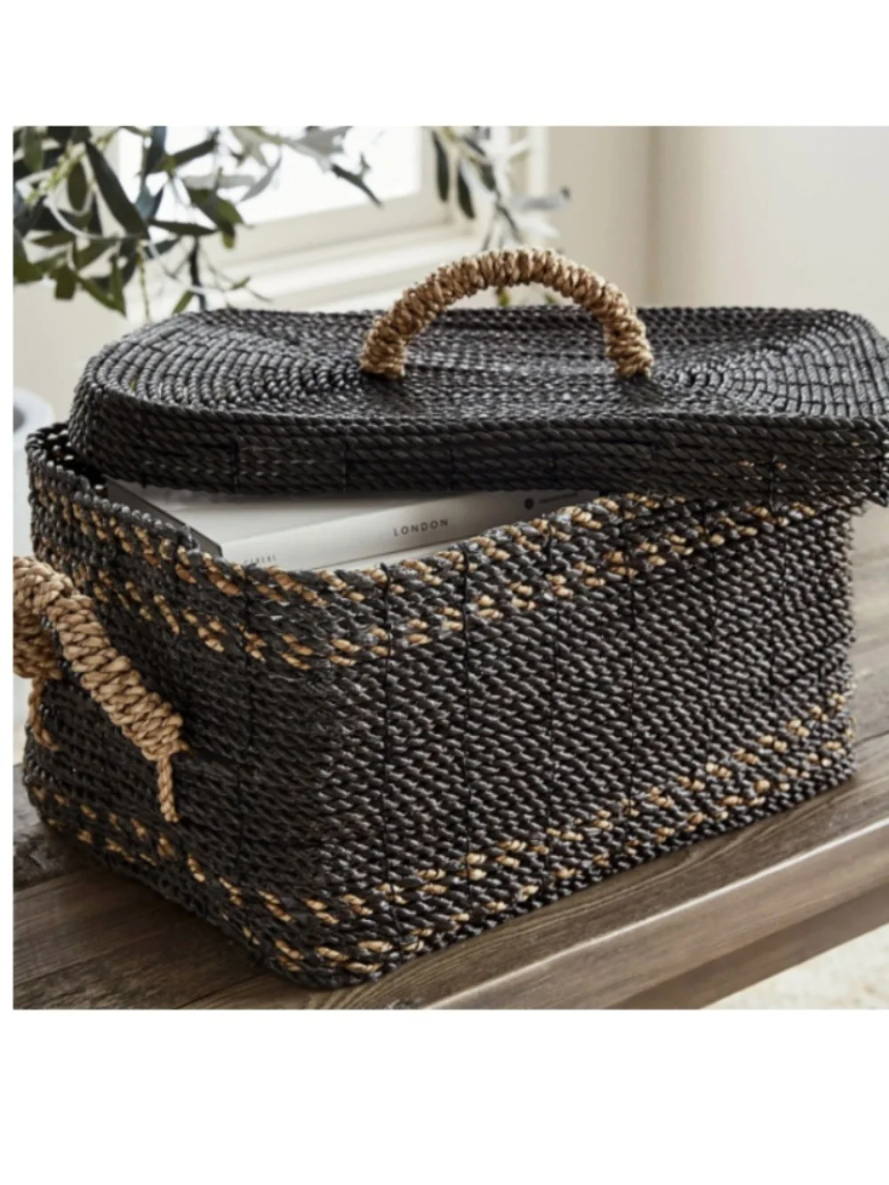 Pottery Barn Set/2 Black Woven Wicker Storage Baskets with Lids